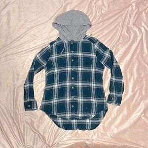 women’s green/blue flannel button up with hood